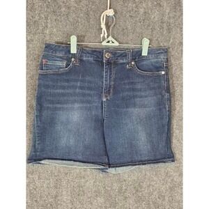 Seven7 Womens Dark Wash Denim Shorts Raw Hem Size 12 Stretch Mid Rise 5 Pocket